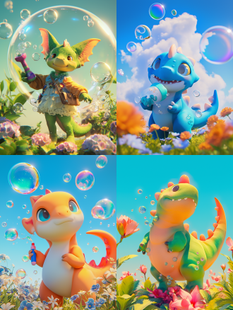 furry cartoon dinosaur blind box character,handheld bubble machine, standing in flowers,gradient color scheme, super rich details, very realistic feeling style, light and clean transparent background, blender, c4d, oc renderer