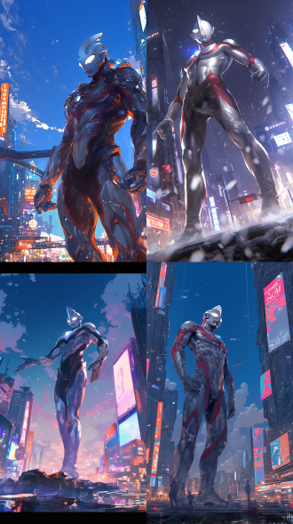 奥特曼站在城市街道上，凝视远方，夜晚景象，城市霓虹灯光环绕，天空星光璀璨。奥特曼穿着银色战甲，挺拔英姿，表情坚毅。大光圈，长焦镜头，高光反射，夜景模式，英雄主题，蓝色调，坚定。