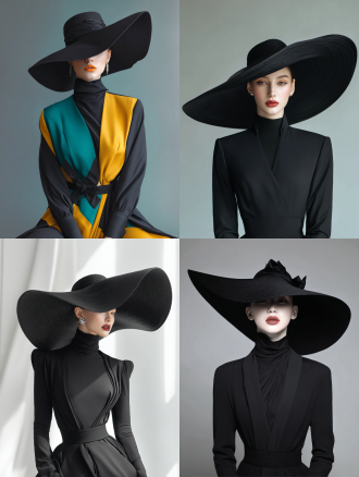 时尚界模特，黑色大帽子，全身设计，品味高级，质感高级，撞色设计