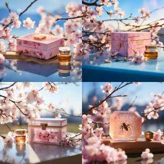 the honey gift box is placed on a light pink countertop with a blue sky as the background, pink cherry blossom branches swaying and petals falling, the image is fresh and sweet.