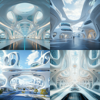 realistic renderings. in the future city, there are white and blue buildings and street scenes, which are full of vitality. the transportation hub. made with daz3d. symmetrical composition.