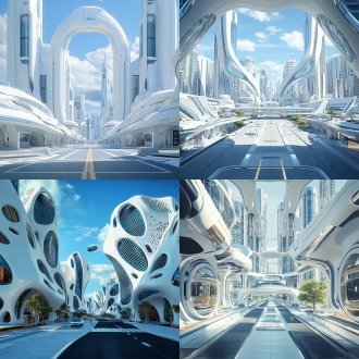 realistic renderings. in the future city, there are white and blue buildings and street scenes, which are full of vitality. the transportation hub. made with daz3d. symmetrical composition.