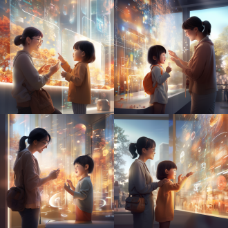 中国家庭母亲与孩子操作竖屏全息屏，过肩黑板视角，光明教室，暖光，白金色调，imax画质，写实风，激励氛围，21:9。