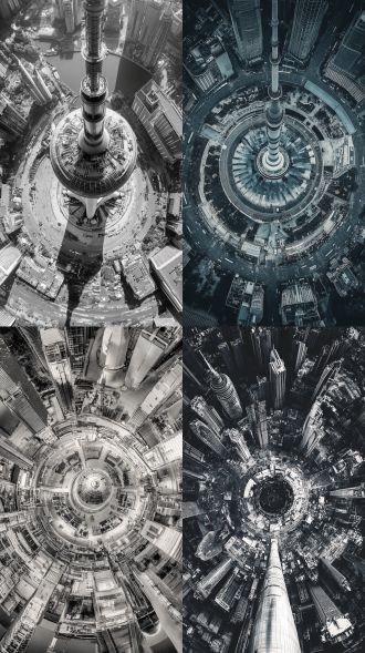 上海东方明珠全景，仰视构图，纯色背景，广角镜头，高饱和度色彩，黑白色，高细节，复古质感，宏伟震撼氛围。