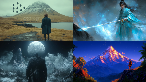 古装男人，站在雪山崖边，蓝黑色调，玄幻风格，广角，电影光