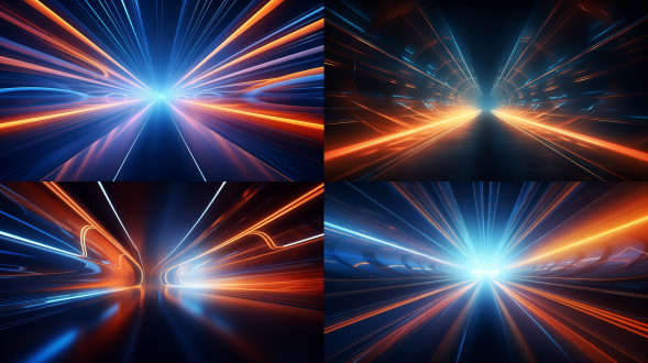 cinematic underground tunnel, dramatic perspective view, glowing neon lights lining the curved walls, reflective wet pavement, foggy atmosphere with volumetric light rays, motion blur from distant car headlights, cyberpunk color palette (deep blue and electric orange), 8k ultra-detailed, depth of field,