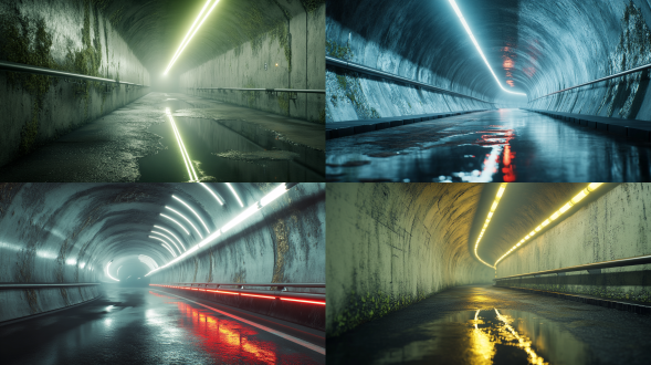 3d rendered ultra-realistic tunnel, cinematic unreal engine 5 style, concrete walls with cracked texture and moss details, glowing neon light strips along curved ceiling, volumetric fog illuminated by distant golden sunlight, puddles on asphalt reflecting metallic railings, depth of field with anamorphic lens flare, 8k ultra-detailed textures, cgi concept art, dramatic low-angle perspective,