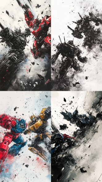 optimus prime and megatron engaged in an epic melee combat within an ink wash cosmos, with mechanical debris and ink sparks exploding dynamically