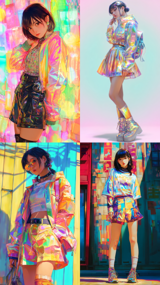 best quality,masterpiece,transparent color pvc clothing,transparent color vinyl clothing,prismatic,holographic,chromatic aberration,fashion illustration,masterpiece,girl with harajuku fashion,looking at viewer,8k,ultra detailed,pixiv,