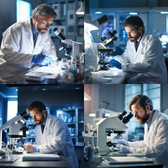医学检验室内，医生专注地观察显微镜下的样本，影像片悬挂在背景中，室内光线柔和，显微镜镜头清晰，医生穿着白大褂，表情严肃专注，室内环境整洁，科技感强。显微镜,影像片,医学检验,室内,柔和光线,白大褂,专注表情,整洁环境,科技感,医学影像。