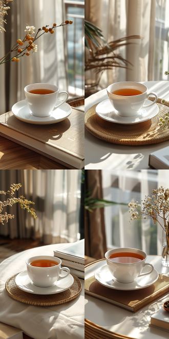 书，茶杯，静物摄影，1:1.5比例，窗户，摄影棚，透视构图，柔光，细节清晰，静态，典雅，温暖色调，冷静。 充满阳光，白色背景， 摄影纪实 特写 玻璃 极简主义