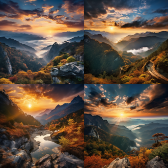 贵阳黔灵山，秋日夕阳，冷暖对比，远景构图，逆光，广角镜头，高动态范围，暖色调，金色光芒，宁静，壮丽。