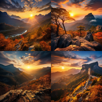 贵阳黔灵山，秋日夕阳，冷暖对比，远景构图，逆光，广角镜头，高动态范围，暖色调，金色光芒，宁静，壮丽。