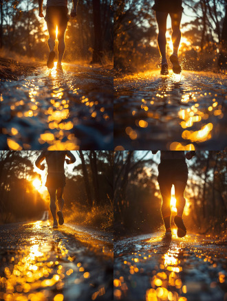 长焦摄影，外国人跑步，逆光剪影，大草地，长焦镜头，柔和光线，动态模糊，自由奔跑，明亮色调，宁静。大自然色调，冷静。 阳光， 摄影纪实，极简主义