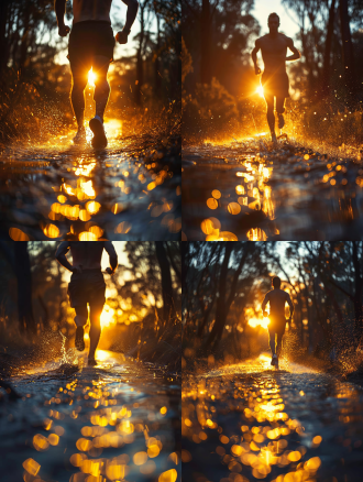 长焦摄影，外国人跑步，逆光剪影，大草地，长焦镜头，柔和光线，动态模糊，自由奔跑，明亮色调，宁静。大自然色调，冷静。 阳光， 摄影纪实，极简主义