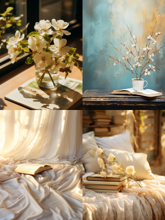 书，白色背景，自然光，清晨，室内，一副画，长焦镜头，清新，希望。