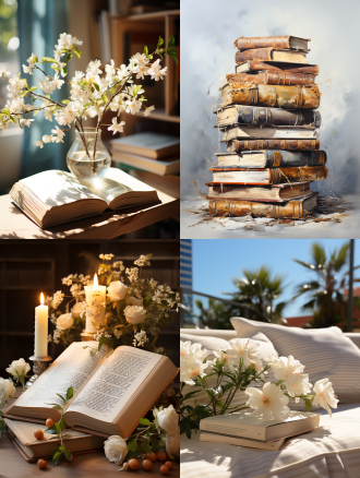 书，白色背景，自然光，清晨，室内，一副画，长焦镜头，清新，希望。