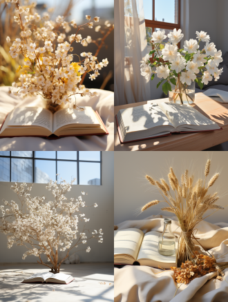 书，白色背景，自然光，清晨，室内，一副画，长焦镜头，清新，希望。