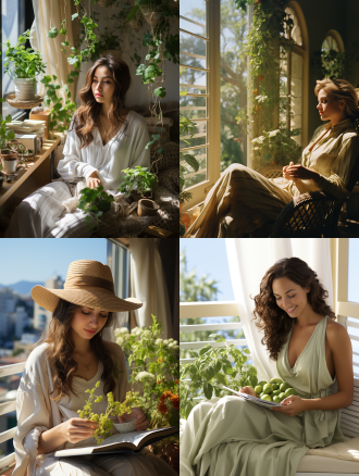 书，阳台上的午后时光，绿植，白色藤椅，阳光透过轻纱窗帘，柔和光线，宁静氛围，人物手持书本，微笑表情，白色休闲装扮，自然风格。广角镜头，自然光，柔和色调，宁静，舒适，放松。白色背景，自然光，清晨，室内，一副画，长焦镜头，清新，希望。