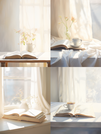 书，白色背景，自然光，清晨，室内，一副画，长焦镜头，清新，希望。