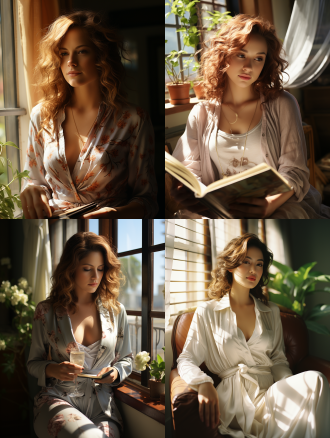 书，阳台上的午后时光，阳光透过轻纱窗帘，柔和光线，宁静氛围，手持书本，微笑表情，白色休闲装扮，自然风格。自然光，柔和色调，宁静，舒适，放松。白色背景，自然光，清晨，室内，一副画，长焦镜头，清新，希望。