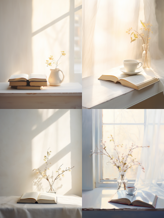 书，白色背景，自然光，清晨，室内，一副画，长焦镜头，清新，希望。