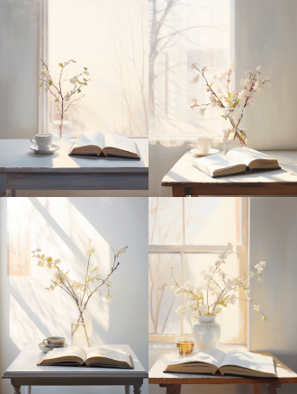 书，白色背景，自然光，清晨，室内，一副画，长焦镜头，清新，希望。