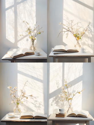 书，白色背景，自然光，清晨，室内，一副画，长焦镜头，清新，希望。