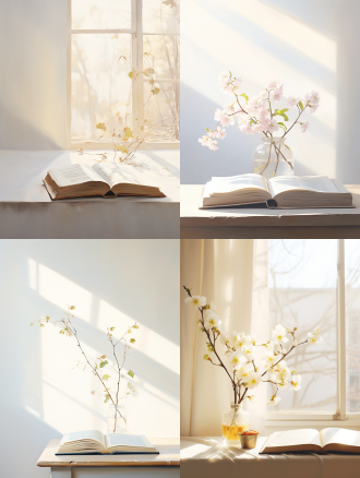 书，白色背景，自然光，清晨，室内，一副画，长焦镜头，清新，希望。