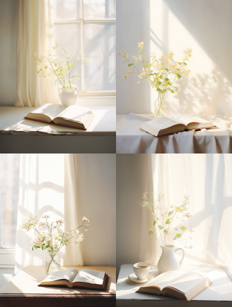 书，白色背景，自然光，清晨，室内，一副画，长焦镜头，清新，希望。