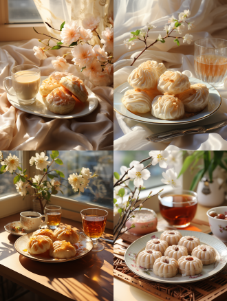 月饼，阳光透过轻纱窗帘，宁静氛围。自然光，柔和色调，宁静，白色背景，清晨，室内，一副画，长焦镜头，清新。