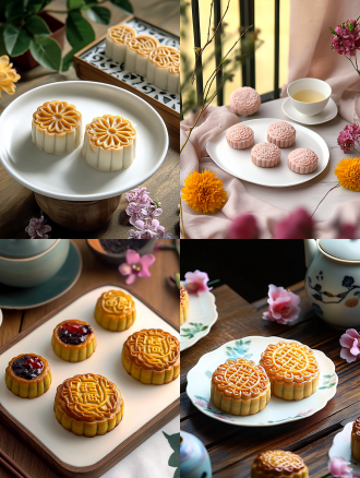 大月亮，月饼产品摄影，白色盘子，小花背景，浅色电商场景，电影灯光，柔和高分辨率，细节丰富，专业色彩分级，超现实库存照片，白色背景，自然光，微距镜头，静物，精致，诱人。宁静氛围。自然光，柔和色调，宁静，白色背景，清晨，室内，一副画，长焦镜头，清新。