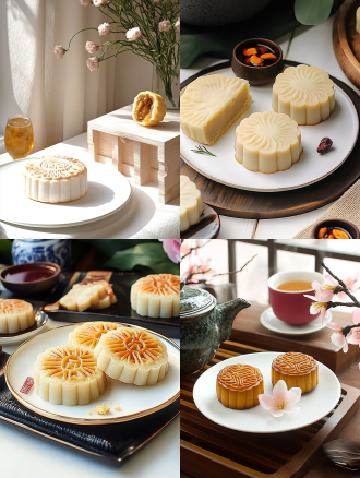 大月亮，月饼产品摄影，白色盘子，小花背景，浅色电商场景，电影灯光，柔和高分辨率，细节丰富，专业色彩分级，超现实库存照片，白色背景，自然光，微距镜头，静物，精致，诱人。宁静氛围，白色背景，清晨，室内，一副画，长焦镜头，清新。