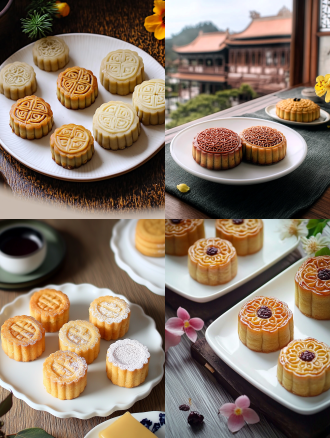 月饼产品摄影，白色盘子，小花背景，浅色电商场景，电影灯光，柔和高分辨率，细节丰富，专业色彩分级，超现实库存照片，白色背景，自然光，微距镜头，静物，精致，诱人。宁静氛围，白色背景，微距镜头拍摄，清新。