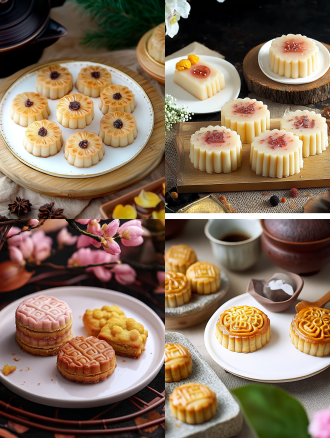 月饼产品摄影，白色盘子，小花背景，浅色电商场景，电影灯光，柔和高分辨率，细节丰富，专业色彩分级，超现实库存照片，白色背景，自然光，微距镜头，静物，精致，诱人。宁静氛围，白色背景，微距镜头拍摄，清新。