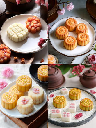 月饼产品摄影，白色盘子，小花背景，浅色电商场景，电影灯光，柔和高分辨率，细节丰富，专业色彩分级，超现实库存照片，白色背景，自然光，微距镜头，静物，精致，诱人。宁静氛围，白色背景，微距镜头拍摄，清新。