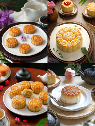 月饼产品摄影，白色盘子，小花背景，浅色电商场景，电影灯光，柔和高分辨率，细节丰富，专业色彩分级，超现实库存照片，白色背景，自然光，微距镜头，静物，精致，诱人。宁静氛围，白色背景，微距镜头拍摄，清新。