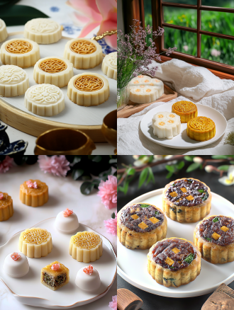 月饼产品摄影，白色盘子，小花背景，浅色电商场景，电影灯光，柔和高分辨率，细节丰富，专业色彩分级，超现实库存照片，白色背景，自然光，微距镜头，静物，精致，诱人。宁静氛围，白色背景，微距镜头拍摄，清新。