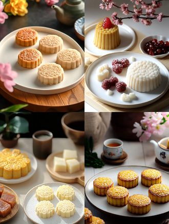 月饼产品摄影，白色盘子，小花背景，浅色电商场景，电影灯光，柔和高分辨率，细节丰富，专业色彩分级，超现实库存照片，白色背景，自然光，微距镜头，静物，精致，诱人。宁静氛围，白色背景，微距镜头拍摄，清新。