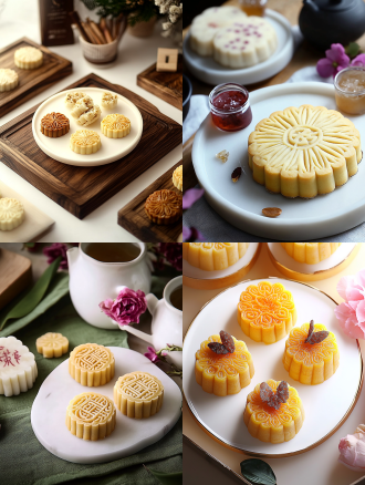 月饼产品摄影，白色盘子，小花背景，浅色电商场景，电影灯光，柔和高分辨率，细节丰富，专业色彩分级，超现实库存照片，白色背景，自然光，微距镜头，静物，精致，诱人。宁静氛围，白色背景，微距镜头拍摄，清新。