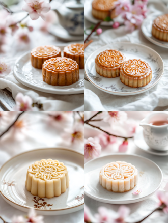 月饼产品摄影，白色盘子，小花背景，浅色电商场景，电影灯光，柔和高分辨率，细节丰富，专业色彩分级，超现实库存照片，白色背景，自然光，微距镜头，静物，精致，诱人。宁静氛围，白色背景，微距镜头拍摄，清新。