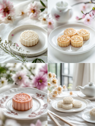 月饼产品摄影，白色盘子，小花背景，浅色电商场景，电影灯光，柔和高分辨率，细节丰富，专业色彩分级，超现实库存照片，白色背景，自然光，微距镜头，静物，精致，诱人。宁静氛围，白色背景，微距镜头拍摄，清新。