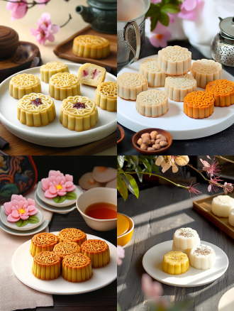 月饼产品摄影，白色盘子，小花背景，浅色电商场景，电影灯光，柔和高分辨率，细节丰富，专业色彩分级，超现实库存照片，白色背景，自然光，微距镜头，静物，精致，诱人。宁静氛围，白色背景，微距镜头拍摄，清新。