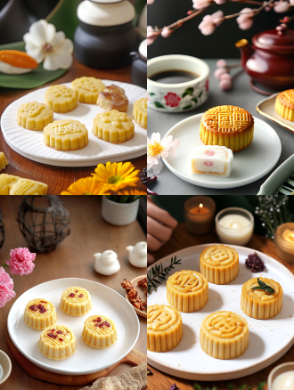 月饼产品摄影，白色盘子，小花背景，浅色电商场景，电影灯光，柔和高分辨率，细节丰富，专业色彩分级，超现实库存照片，白色背景，自然光，微距镜头，静物，精致，诱人。宁静氛围，白色背景，微距镜头拍摄，清新。