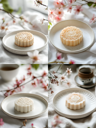 月饼产品摄影，白色盘子，小花背景，浅色电商场景，电影灯光，柔和高分辨率，细节丰富，专业色彩分级，超现实库存照片，白色背景，自然光，微距镜头，静物，精致，诱人。宁静氛围，白色背景，微距镜头拍摄，清新。