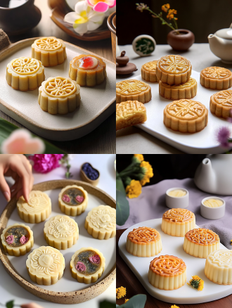 月饼产品摄影，白色盘子，小花背景，浅色电商场景，电影灯光，柔和高分辨率，细节丰富，专业色彩分级，超现实库存照片，白色背景，自然光，微距镜头，静物，精致，诱人。宁静氛围，白色背景，微距镜头拍摄，清新。