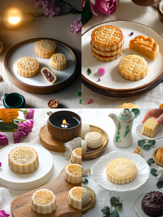 月饼产品摄影，白色盘子，小花背景，浅色电商场景，电影灯光，柔和高分辨率，细节丰富，专业色彩分级，超现实库存照片，白色背景，自然光，微距镜头，静物，精致，诱人。宁静氛围，白色背景，微距镜头拍摄，清新。