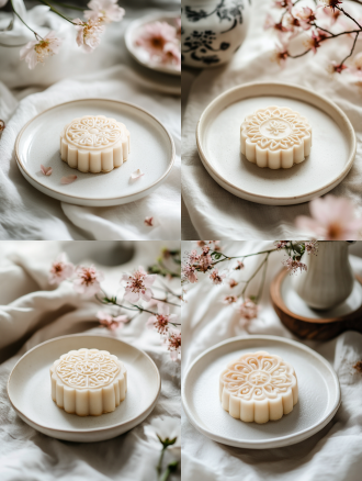 月饼产品摄影，白色盘子，小花背景，浅色电商场景，电影灯光，柔和高分辨率，细节丰富，专业色彩分级，超现实库存照片，白色背景，自然光，微距镜头，静物，精致，诱人。宁静氛围，白色背景，微距镜头拍摄，清新。