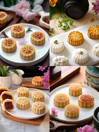 月饼产品摄影，白色盘子，小花背景，浅色电商场景，电影灯光，柔和高分辨率，细节丰富，专业色彩分级，超现实库存照片，白色背景，自然光，微距镜头，静物，精致，诱人。宁静氛围，白色背景，微距镜头拍摄，清新。