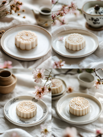 月饼产品摄影，白色盘子，小花背景，浅色电商场景，电影灯光，柔和高分辨率，细节丰富，专业色彩分级，超现实库存照片，白色背景，自然光，微距镜头，静物，精致，诱人。宁静氛围，白色背景，微距镜头拍摄，清新。